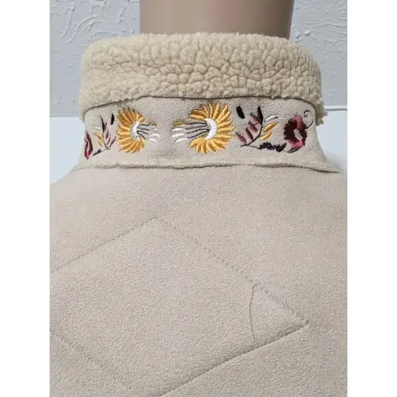 M Panache Beige Faux Suede Floral Embroidered Jacket with Toggle Buttons Medium - Picture 6 of 9